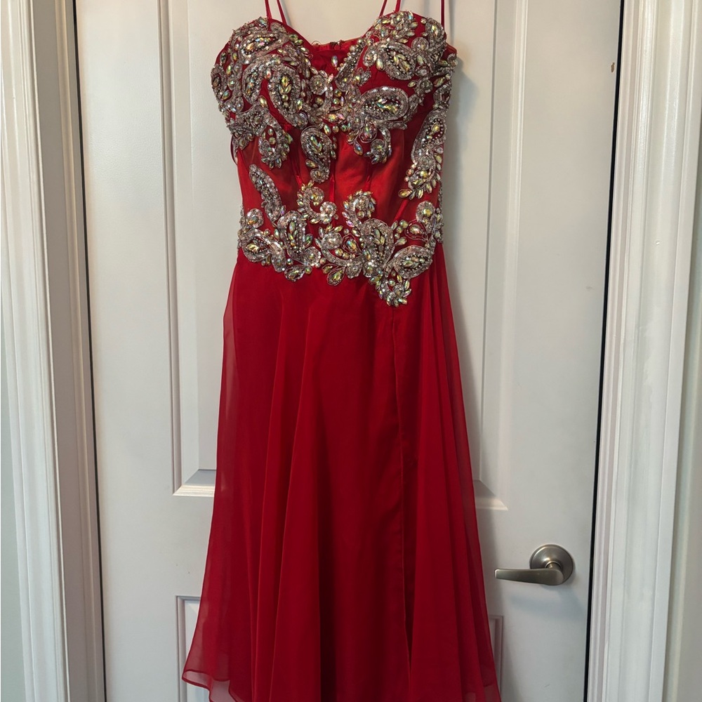 IC COLLECTION Strapless Red Dress with Silver Embellishments Chiffon